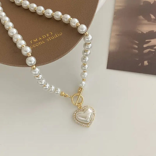 Elegant Pearl Choker Necklace with Heart Pendant - Aurora Adorn