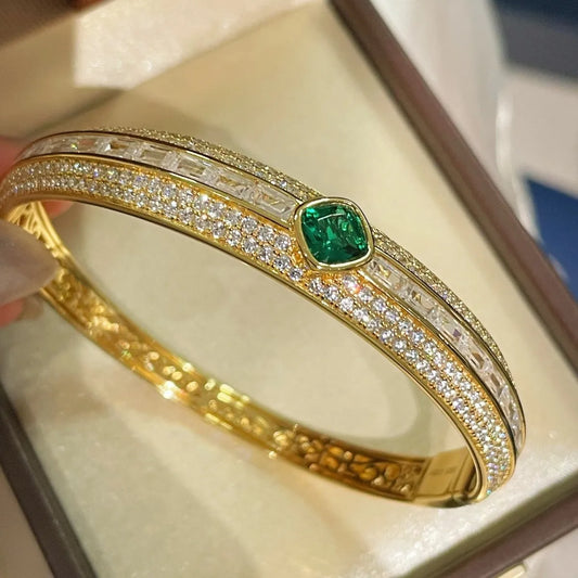 Luxury Emerald & Diamond Bangle Bracelet – 925 Sterling Silver, Gold Plated, Certified Fine Jewelry - Aurora Adorn