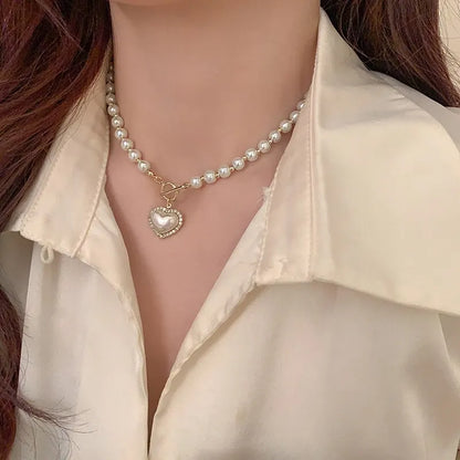 Elegant Pearl Choker Necklace with Heart Pendant - Aurora Adorn