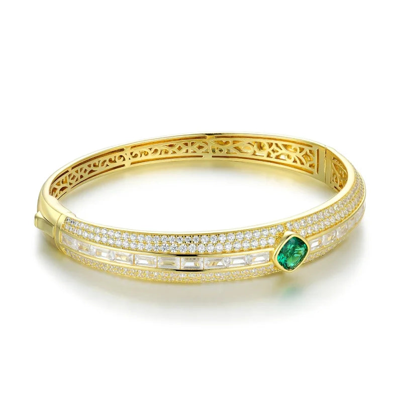 Luxury Emerald & Diamond Bangle Bracelet – 925 Sterling Silver, Gold Plated, Certified Fine Jewelry - Aurora Adorn