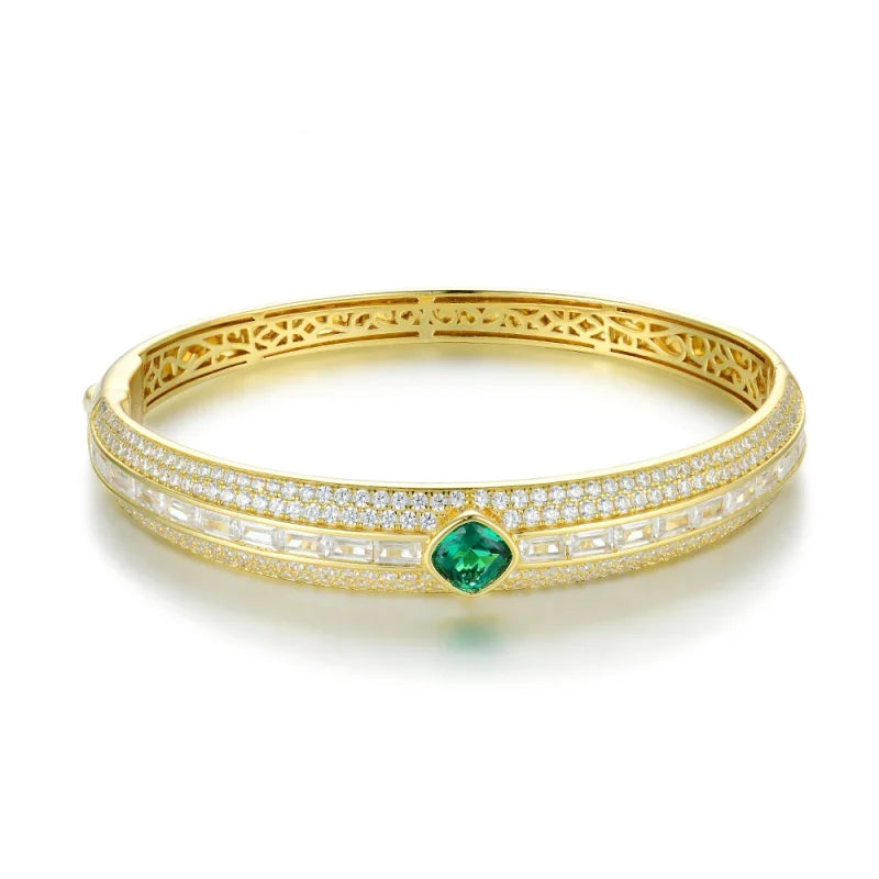 Luxury Emerald & Diamond Bangle Bracelet – 925 Sterling Silver, Gold Plated, Certified Fine Jewelry - Aurora Adorn