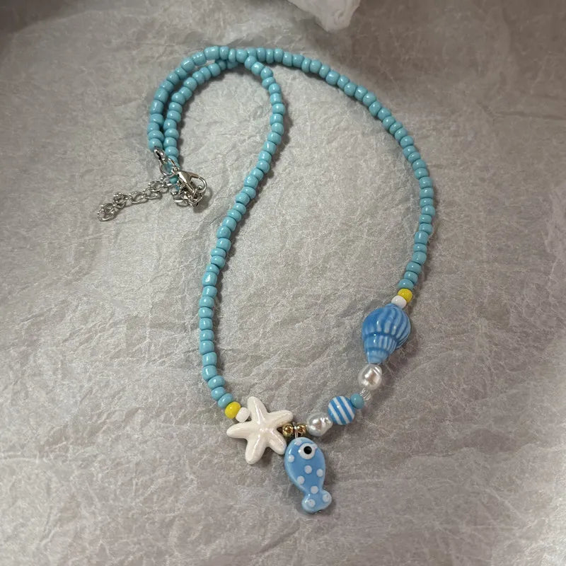 Handmade Ceramic Seashell & Starfish Beaded Necklace - Aurora Adorn