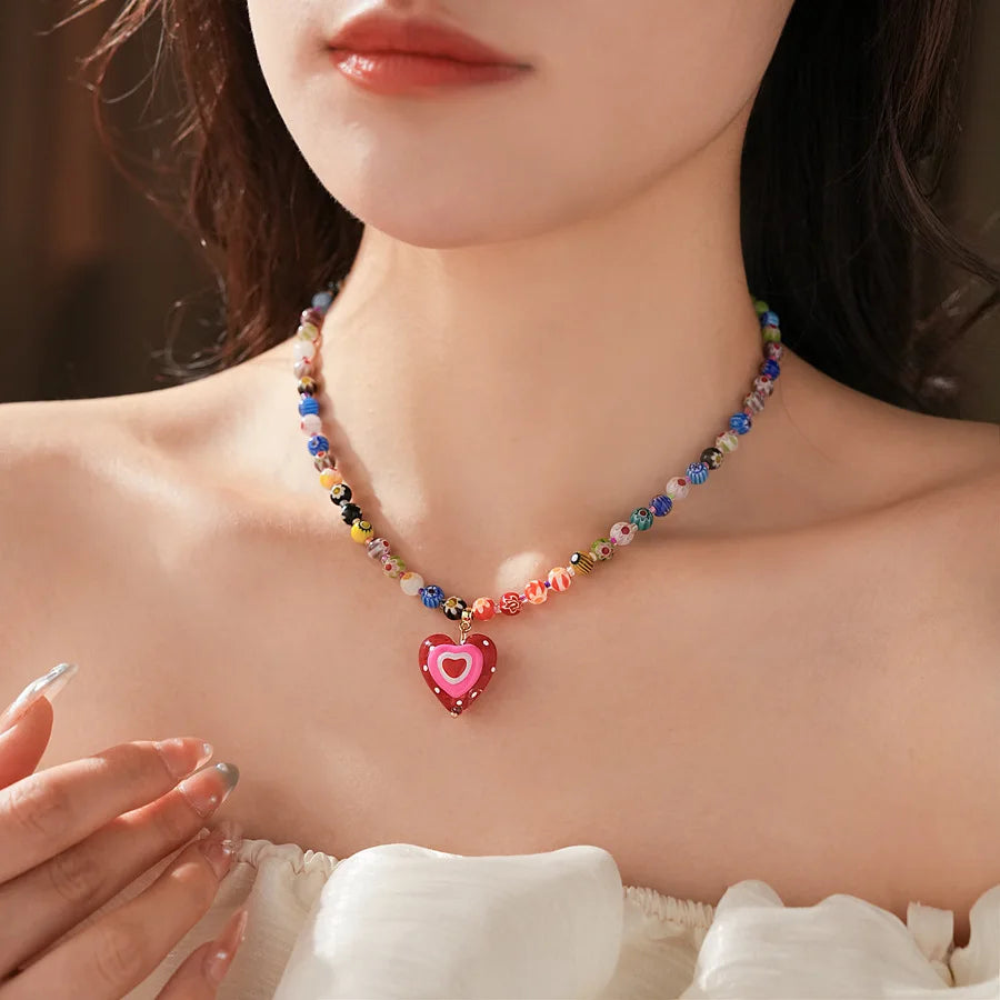 Handmade Colorful Glass Bead Necklace with Red Heart Pendant - Aurora Adorn