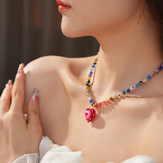 Handmade Colorful Glass Bead Necklace with Red Heart Pendant - Aurora Adorn