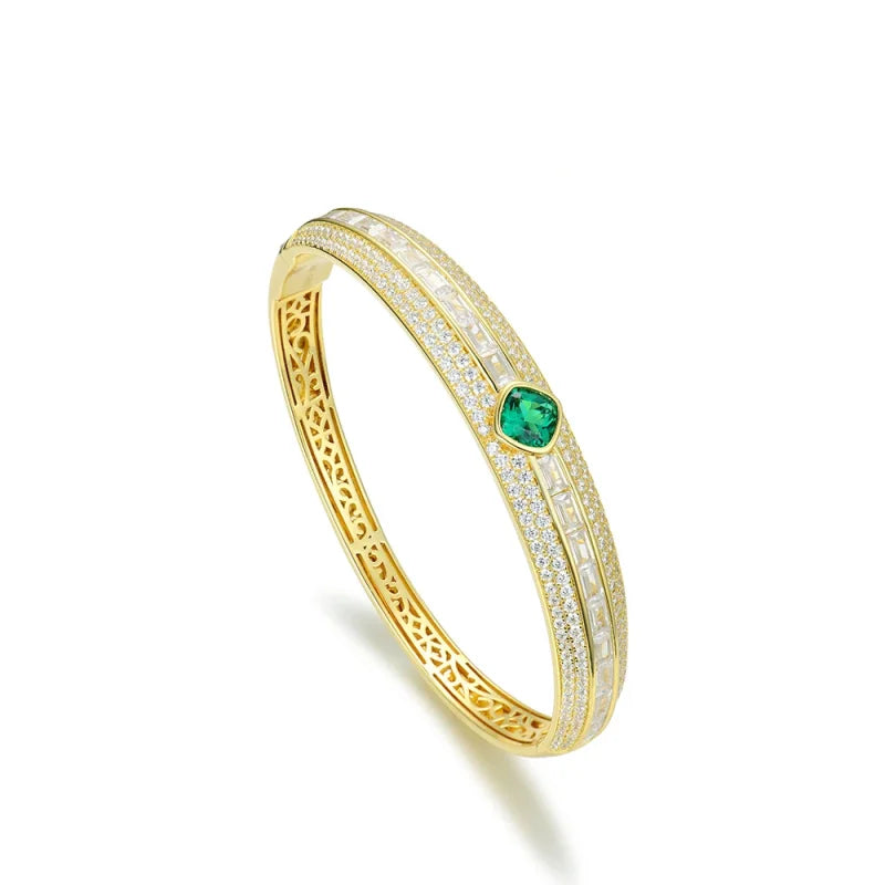 Luxury Emerald & Diamond Bangle Bracelet – 925 Sterling Silver, Gold Plated, Certified Fine Jewelry - Aurora Adorn