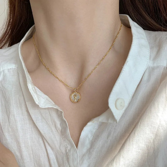 French Rose Flower Round Enamel Necklace Women Retro Luxury Minimalist - Aurora Adorn