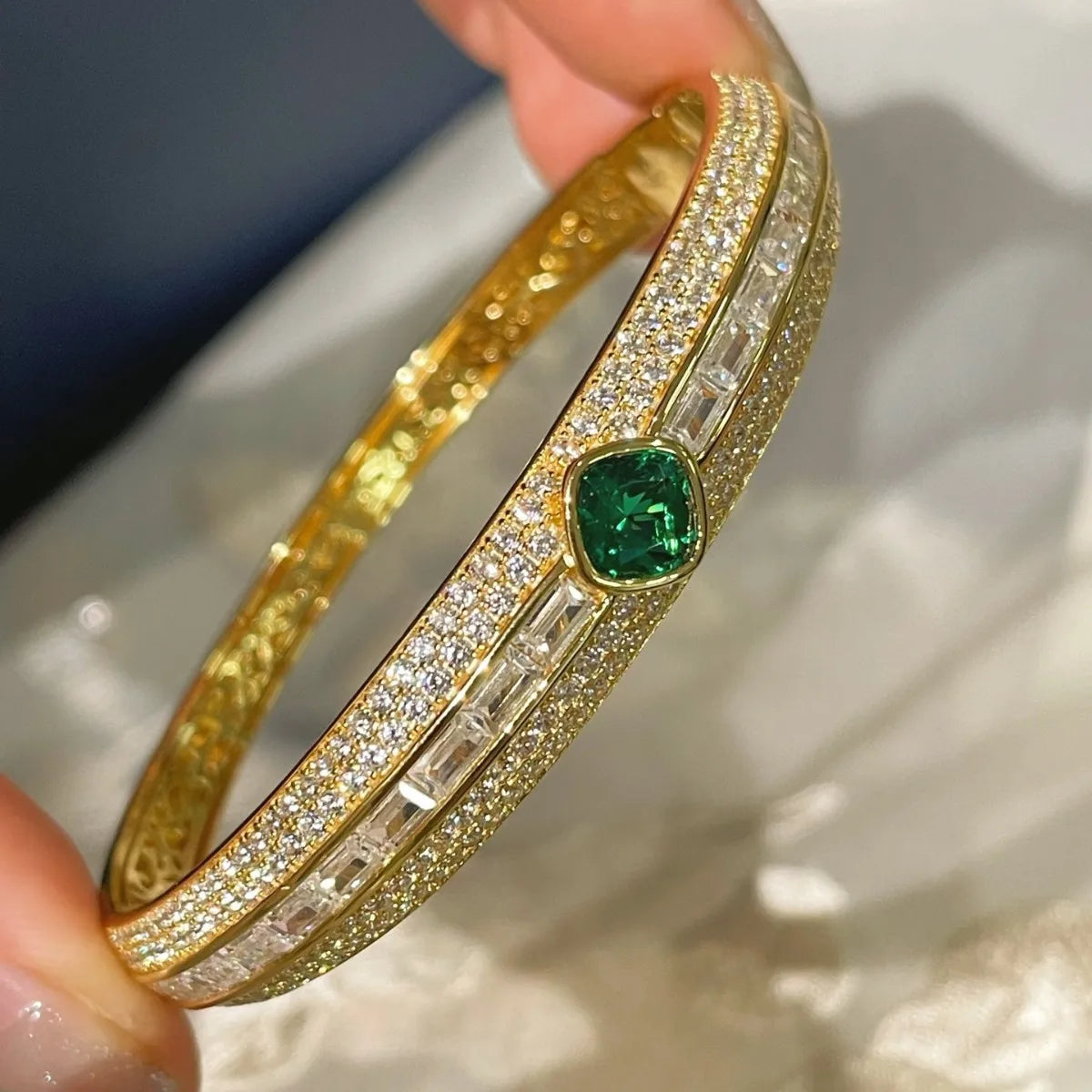 Luxury Emerald & Diamond Bangle Bracelet – 925 Sterling Silver, Gold Plated, Certified Fine Jewelry - Aurora Adorn