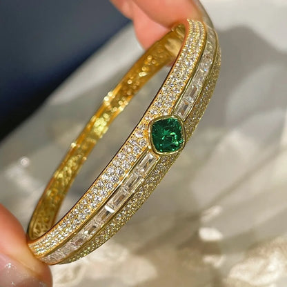 Luxury Emerald & Diamond Bangle Bracelet – 925 Sterling Silver, Gold Plated, Certified Fine Jewelry - Aurora Adorn