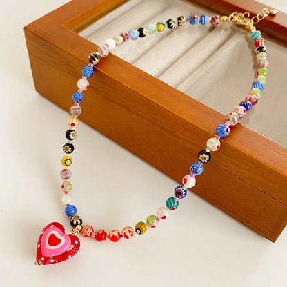 Handmade Colorful Glass Bead Necklace with Red Heart Pendant - Aurora Adorn