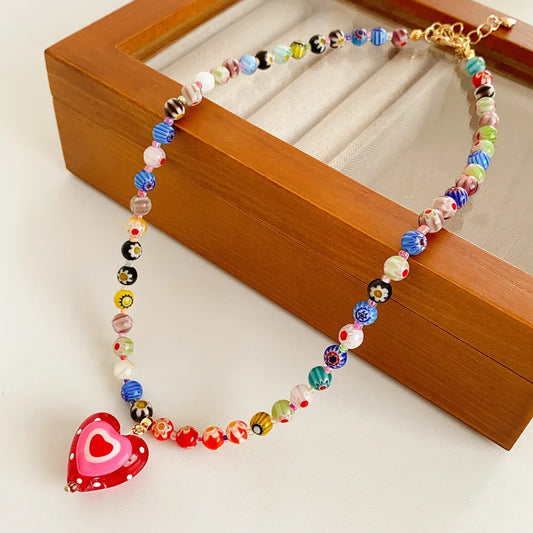 Handmade Colorful Glass Bead Necklace with Red Heart Pendant - Aurora Adorn