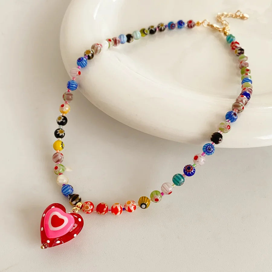 Handmade Colorful Glass Bead Necklace with Red Heart Pendant - Aurora Adorn
