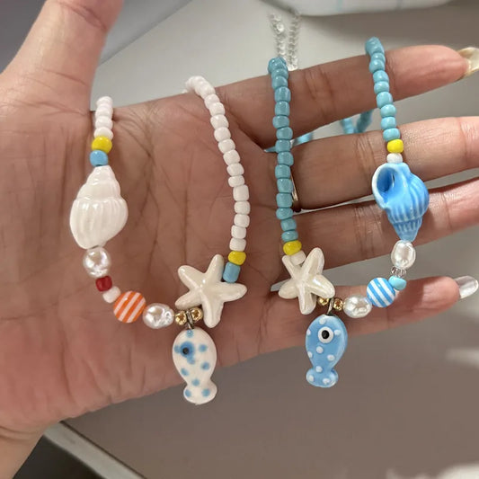 Handmade Ceramic Seashell & Starfish Beaded Necklace - Aurora Adorn