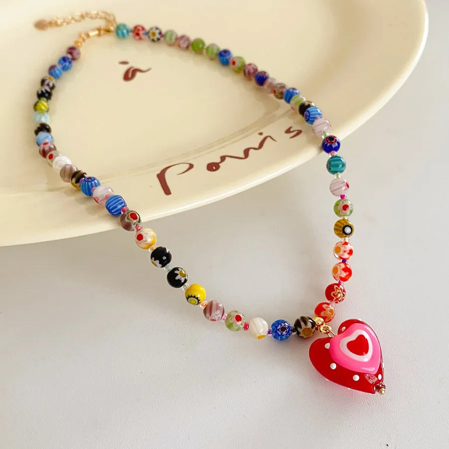 Handmade Colorful Glass Bead Necklace with Red Heart Pendant - Aurora Adorn