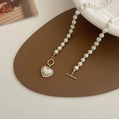 Elegant Pearl Choker Necklace with Heart Pendant - Aurora Adorn