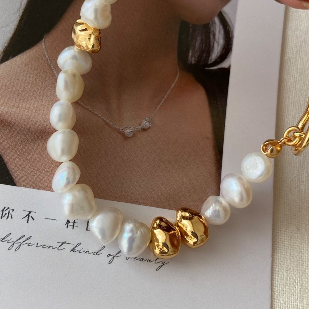 Elegant Gold & Pearl Bracelet – Irregular Freshwater Pearls with Textured Gold Accents - Aurora Adorn