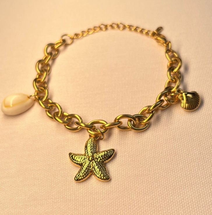 Gold Starfish Charm Bracelet with Seashell & Pearl - Aurora Adorn