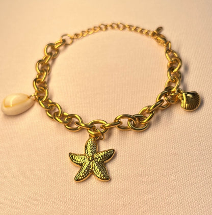 Gold Starfish Charm Bracelet with Seashell & Pearl - Aurora Adorn