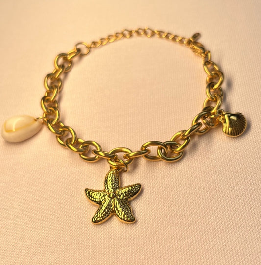 Gold Starfish Charm Bracelet with Seashell & Pearl - Aurora Adorn
