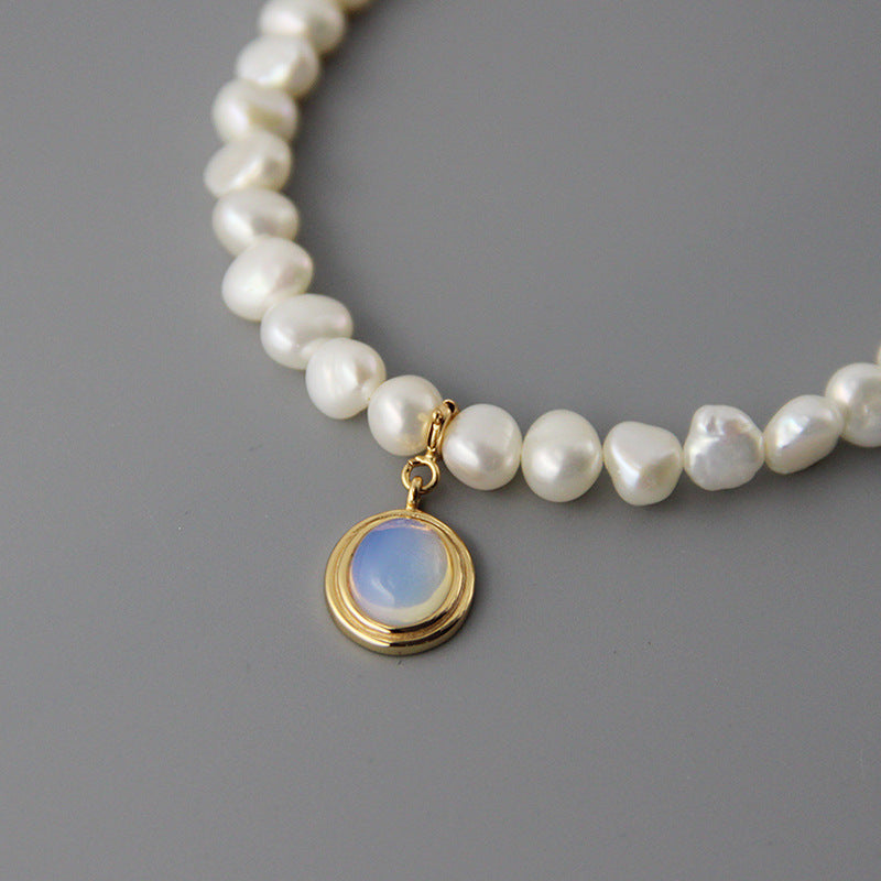 Handmade Pearl & Silver Necklace with Blue Gem Pendant - Aurora Adorn