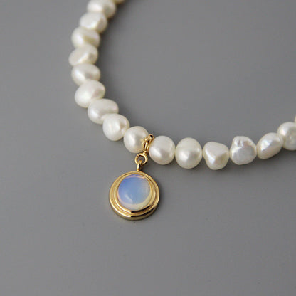 Handmade Pearl & Silver Necklace with Blue Gem Pendant - Aurora Adorn