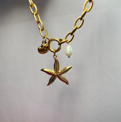 Gold Starfish Charm Bracelet with Seashell & Pearl - Aurora Adorn