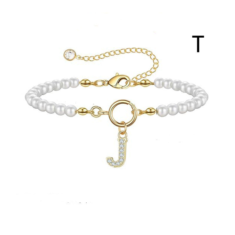 Personalized Pearl Beaded Bracelet with A–Z Letter Charm - Aurora Adorn
