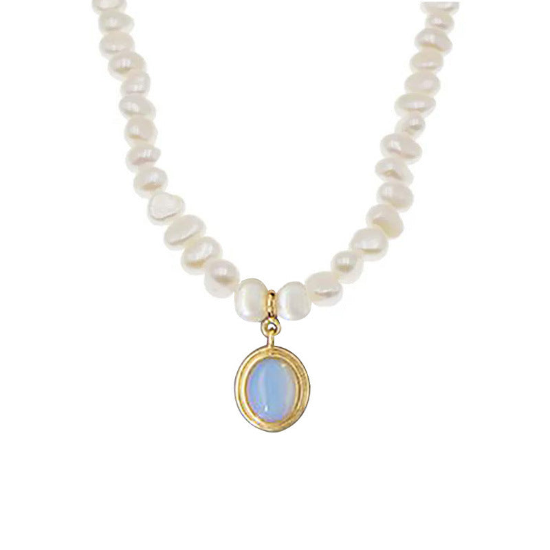 Handmade Pearl & Silver Necklace with Blue Gem Pendant - Aurora Adorn