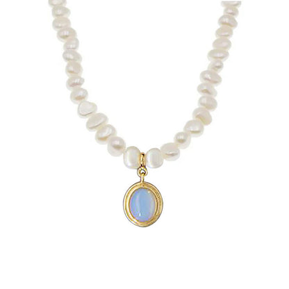 Handmade Pearl & Silver Necklace with Blue Gem Pendant - Aurora Adorn