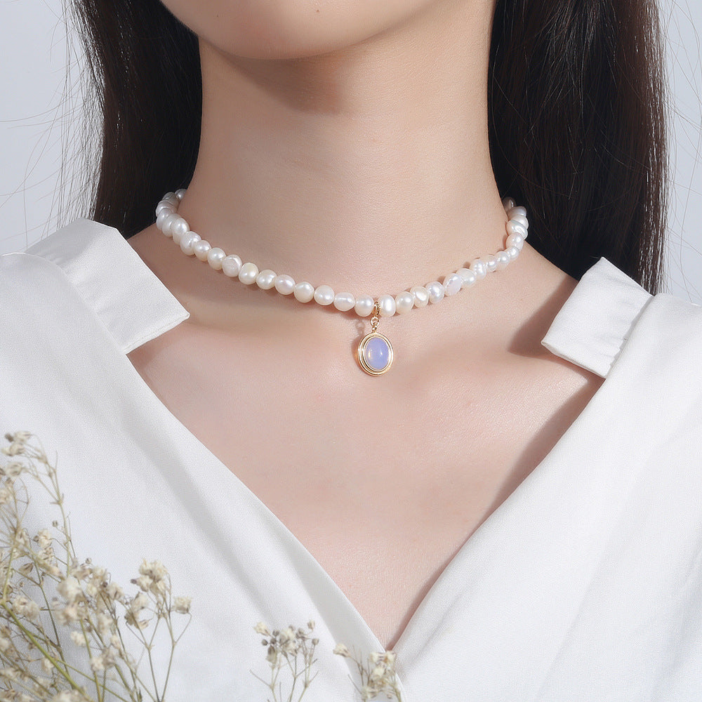 Handmade Pearl & Silver Necklace with Blue Gem Pendant - Aurora Adorn