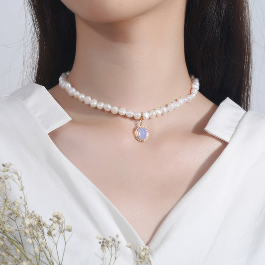 Handmade Pearl & Silver Necklace with Blue Gem Pendant - Aurora Adorn