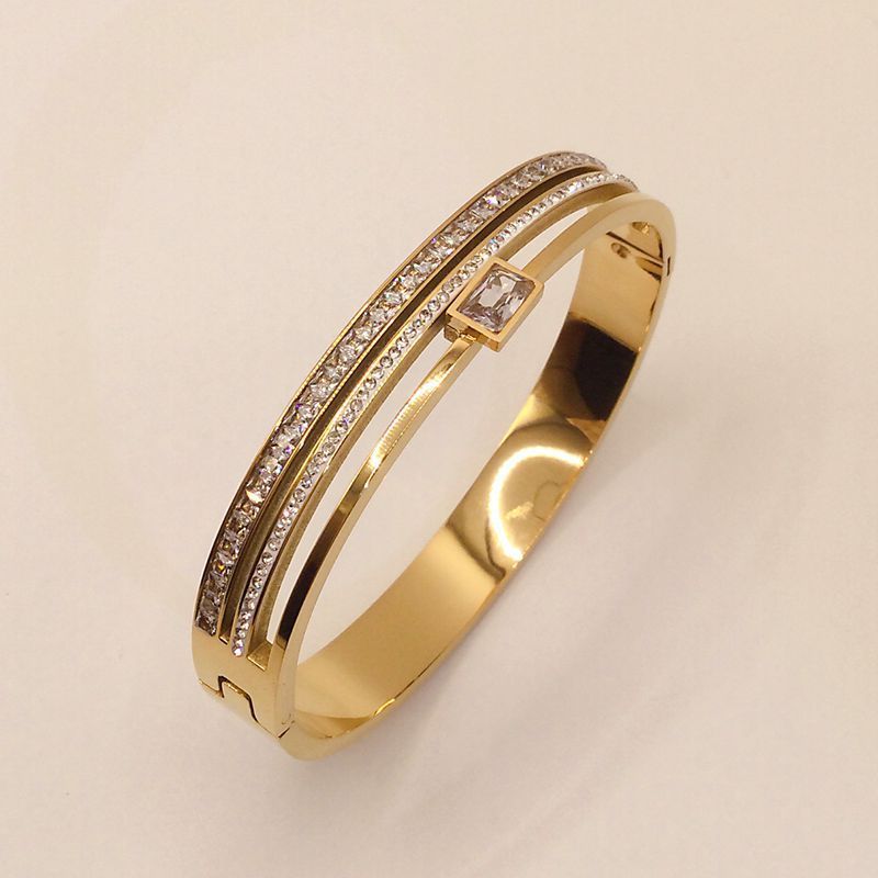 Gold Stainless Steel Bangle Bracelet with Crystal Accents - Aurora Adorn