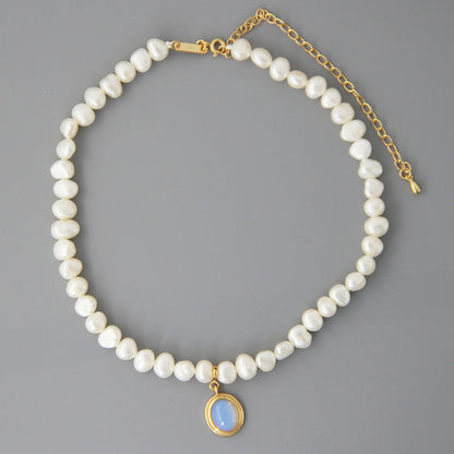 Handmade Pearl & Silver Necklace with Blue Gem Pendant - Aurora Adorn
