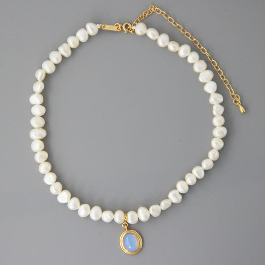 Handmade Pearl & Silver Necklace with Blue Gem Pendant - Aurora Adorn