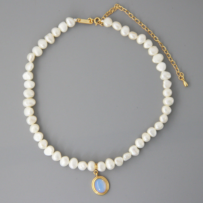 Handmade Pearl & Silver Necklace with Blue Gem Pendant - Aurora Adorn