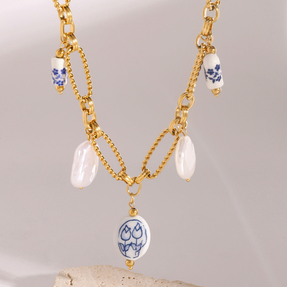 Handmade Gold Chain Necklace with Porcelain Charms & Pearls - Aurora Adorn