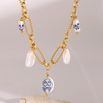 Handmade Gold Chain Necklace with Porcelain Charms & Pearls - Aurora Adorn