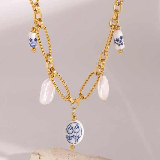 Handmade Gold Chain Necklace with Porcelain Charms & Pearls - Aurora Adorn