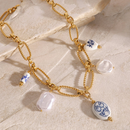 Handmade Gold Chain Necklace with Porcelain Charms & Pearls - Aurora Adorn