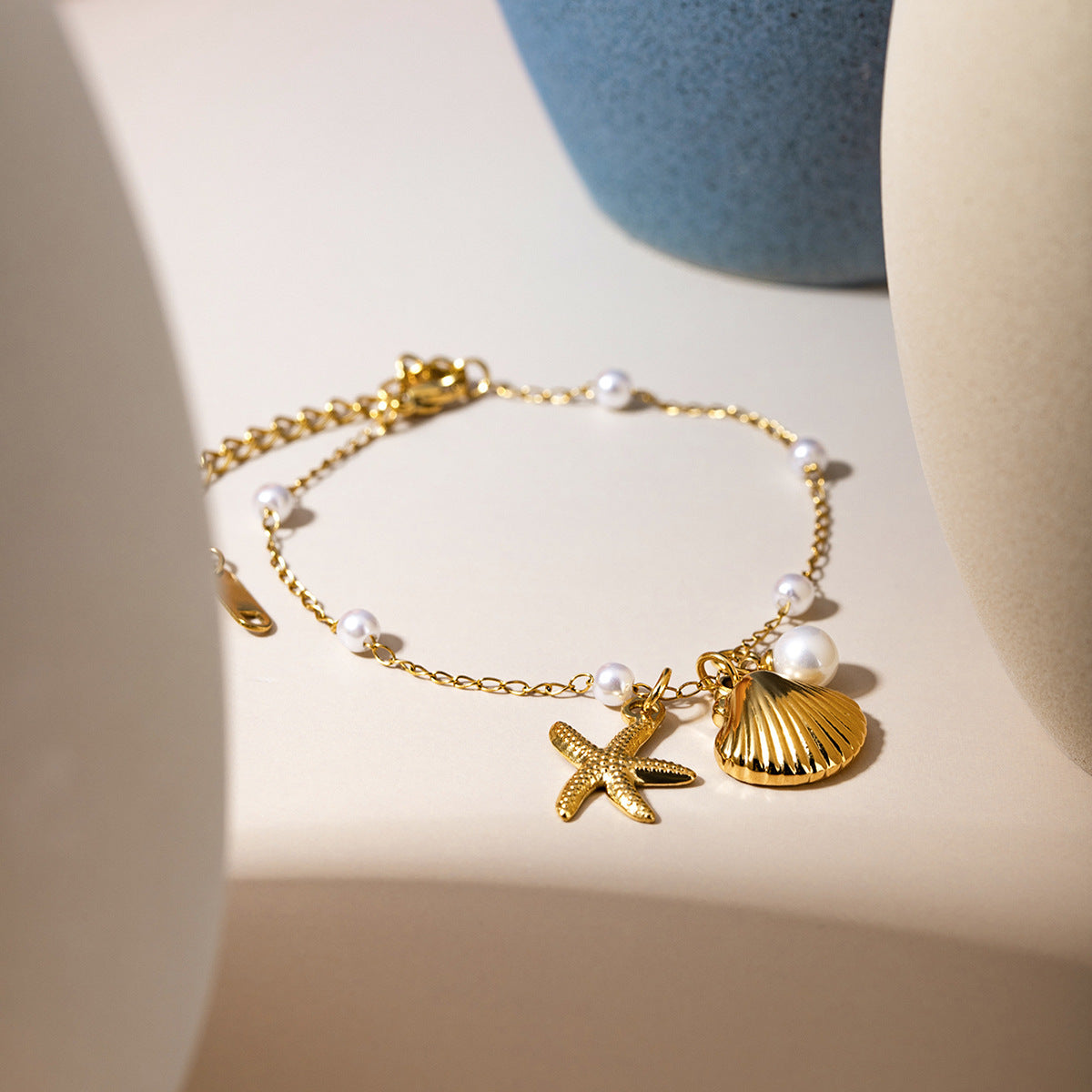 Gold Stainless Steel Seashell & Starfish Charm Bracelet with Pearls - Aurora Adorn