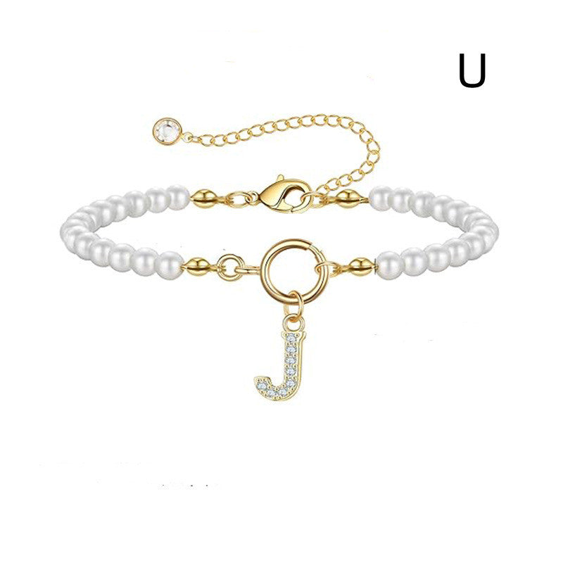 Personalized Pearl Beaded Bracelet with A–Z Letter Charm - Aurora Adorn