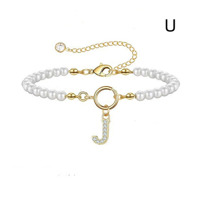 Personalized Pearl Beaded Bracelet with A–Z Letter Charm - Aurora Adorn